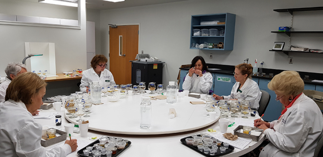 Catiê (ao centro) e o grupo de avaliadores das 18 amostras de chá. Foto: Divulgação