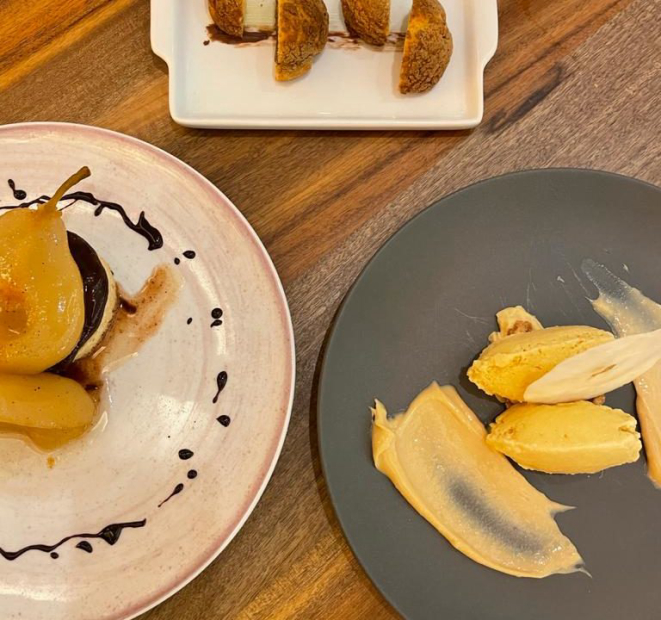 Choux au Craquelin, peras temperadas e creme de Amarula são opções de sobremesas. Foto: Gisele Rech