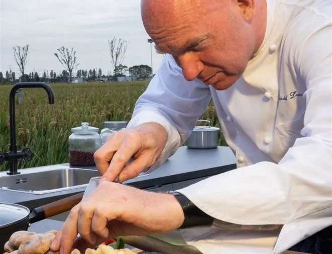 Laris remove cuidadosamente cogumelos de uma seção de tronco de árvore onde eles cresceram