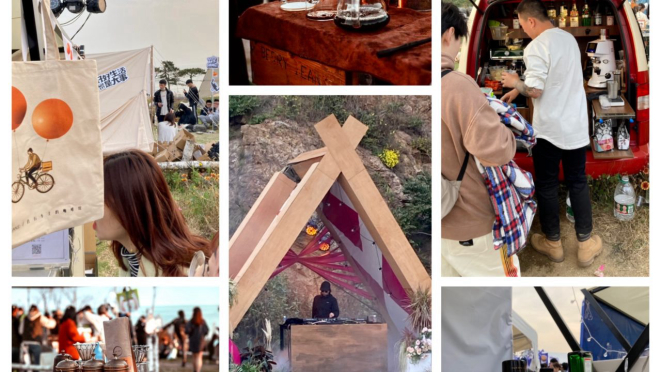 Trailers coloridos, bikes, barracas, ao lado uns dos outros, criaram na areia, um parque do café