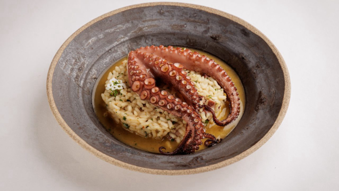 Arroz caldoso de polvo, do festival do restaurante Marcondes Cozinha Autoral.