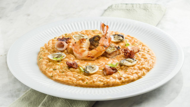Risoto de Frutos do Mar, prato principal do jantar do Romeo Cucina.
