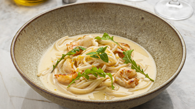 No Romeu Cucina você pode provar o Gamberi Limone (camarão com linguine).