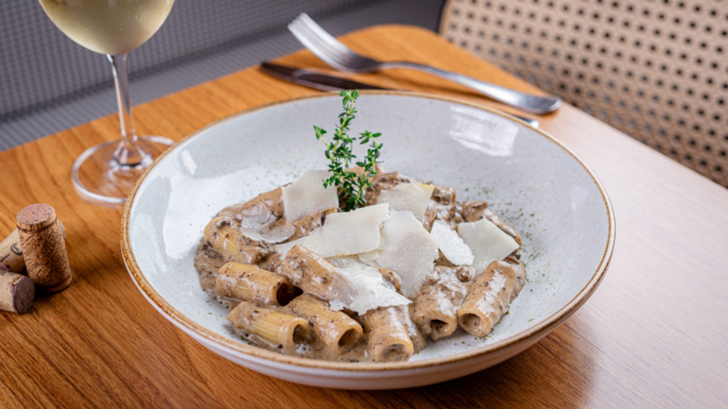 Rigatone ao funghi do Scavollo.