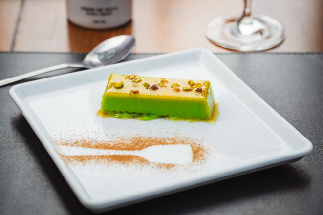 Pudim de pistache do Doppo Cucina. Foto: Priscilla Fiedler