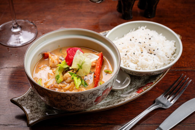 Camarão ao Curry Vermelho, do Thai Garden Restaurante Thailandês. Foto: Festival Bom Gourmet.