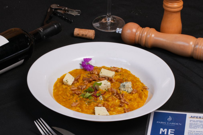Risoto de Cabotiá com Gorgonzola e Nozes, disponível no menu do estabelecimento Paris Garden Gastronomia. Crédito: Agência Vulgata.