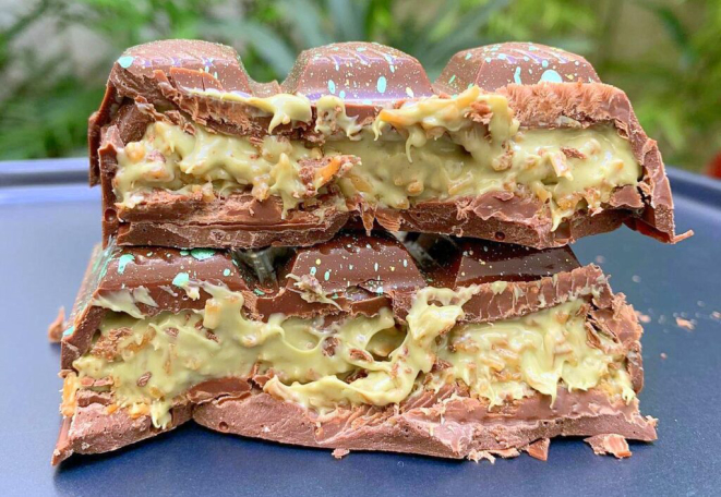 Barra de Dubai, o chocolate que viralizou nas redes sociais: creme de pistache com massa Kataifi artesanal super crocante, | Foto: Divulgação