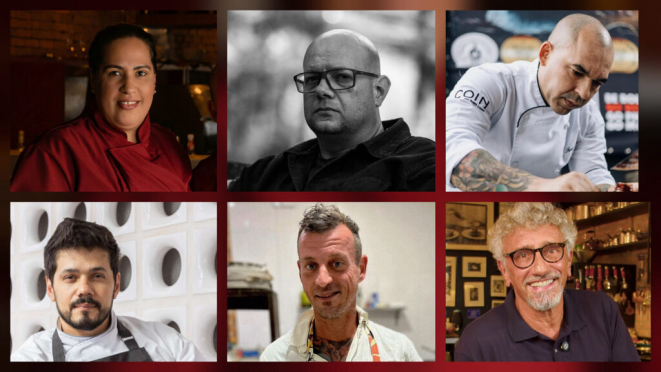Márcia, Rodrigo, Ivan, Lenin, Simone e Bassoleil - os seis chefs que comporão a brigada a produzir o menu de 20 anos do Terra Madre Ristorante. | Montagem: Divulgação