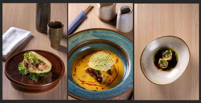 Bao Camarao, Gyoza Camarao, Gyoza Wagyu. Crédito: Rodrigo Pierrot