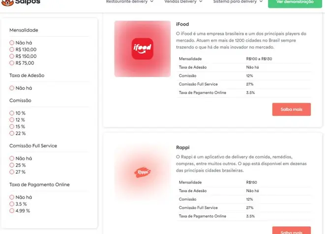 Veja como é a tela de comparação dos aplicativos de delivery.
