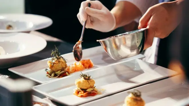 Chef preparing food, meal, in the kitchen, chef cooking, Chef decorating dish, closeup, chef at work
