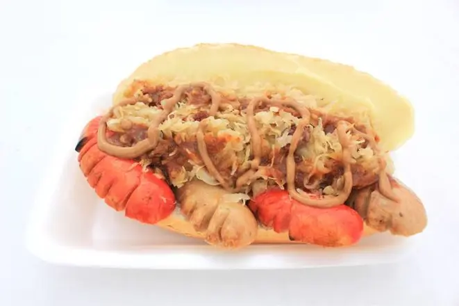 Cachorro quente alemão com purê de batatas, chucrute, mostarda e currysauce. Foto: Divulgação