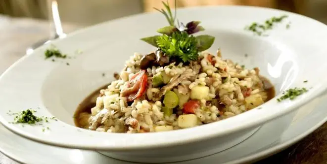 Risoto de pato com maçã e perfume de foie gras (R$ 52). Foto: Tadeu Brunelli/Divulgação