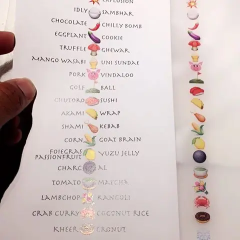 À direita, o cardápio recebido pelo comensal ao chegar ao Gaggan. À esquerda, o cardápio "legendado", entregue apenas quando a refeição de 25 pratos termina. Foto: Reprodução/Instagram