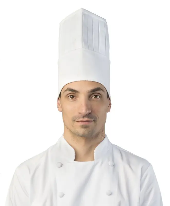 O toque blanche (touca branca) de brim é todo entrelaçado e sai por R$ 91,70.