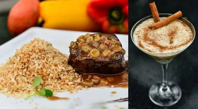 Filé mignon agridoce (esquerda) e arroz doce com coco e canela (direita). Foto: Jennyfer Almeida