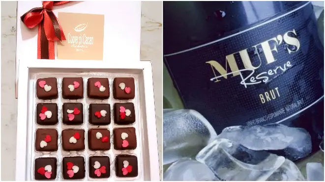Kit para o Dia dos Namorados tem uma caixa de chocolates da Cuore di Cacao e uma garrafa de espumante Muf's Brut.