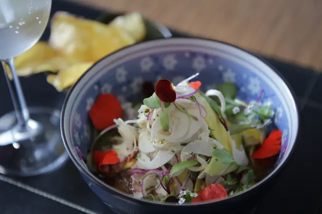 O Vegetariano (R$ 20) é feito com pupunha, manga, cebola roxa e pimenta dedo de moça em marinada cítrica a base de manga, laranja e limão taiti. Foto: Divulgação/Tuna