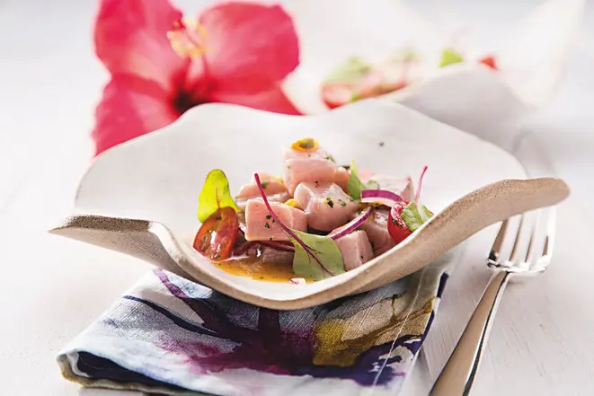 Ceviche de atum do chef Kauê Henrique Rodrigues. Foto: Alexandre Mazzo