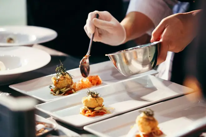 Chef preparing food, meal, in the kitchen, chef cooking, Chef decorating dish, closeup, chef at work