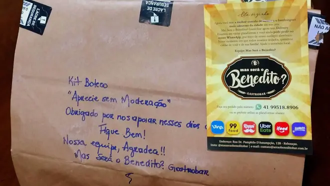 O kit do Será o Benedito? Gastrobar chega em casa com muito carinho, já nas mensagens escritas na embalagem.