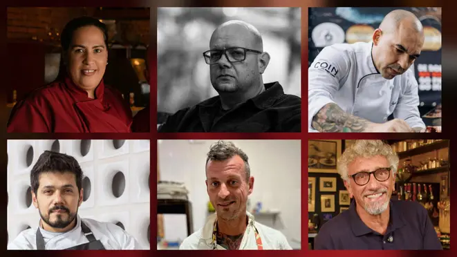Márcia, Rodrigo, Ivan, Lenin, Simone e Bassoleil - os seis chefs que comporão a brigada a produzir o menu de 20 anos do Terra Madre Ristorante. | Montagem: Divulgação